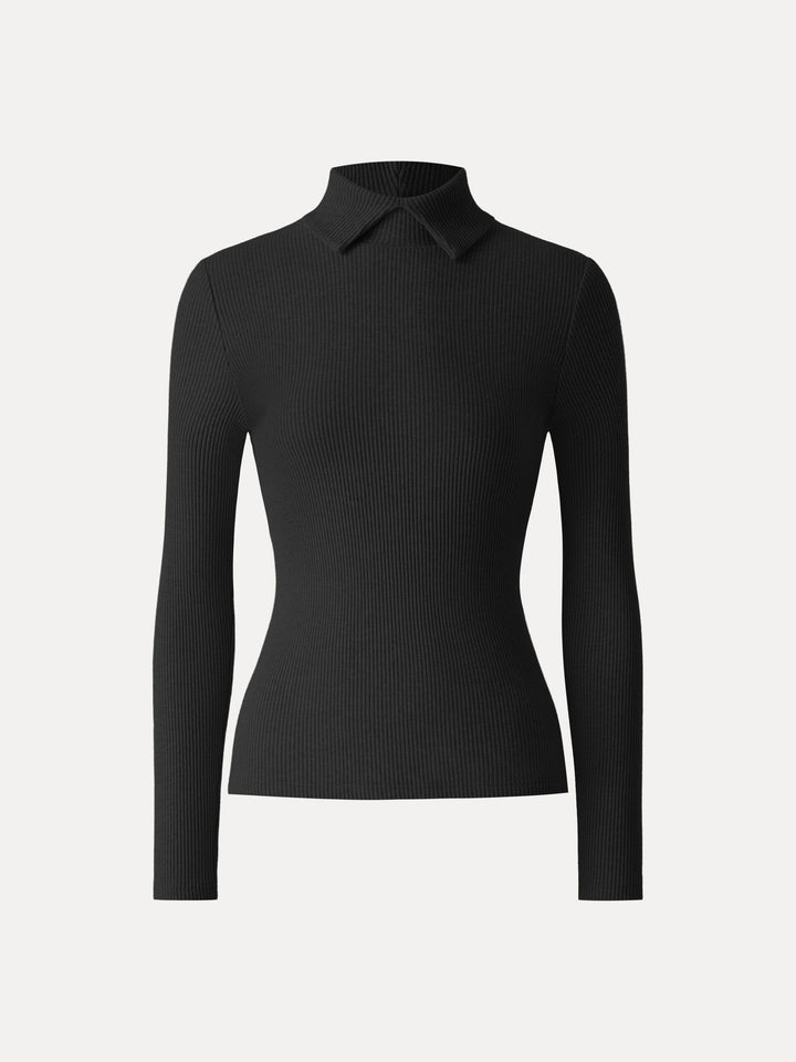 Ribbed Stand Collar Long Sleeve Top Black XS