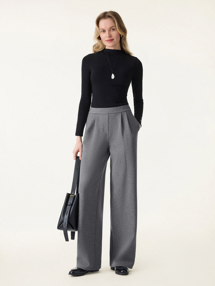 Cozy High Rise Wide Leg Tucked Pull-on Pants with Pockets Regular Heather Carbon