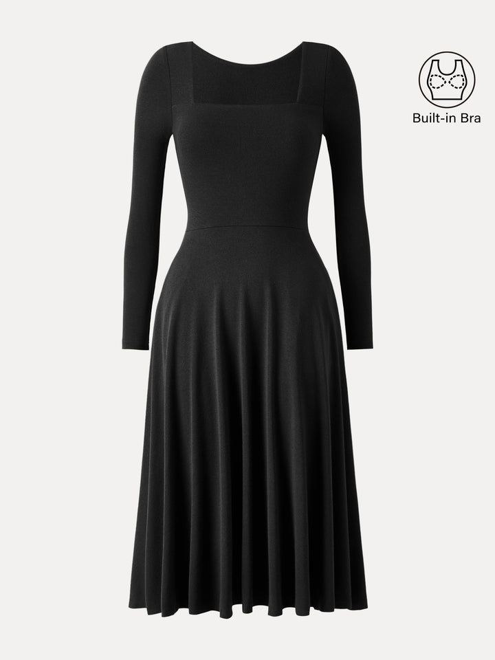 Essential Square Neck Long Sleeve Fit-and-Flare Brami Midi Dress with Pockets Black XS