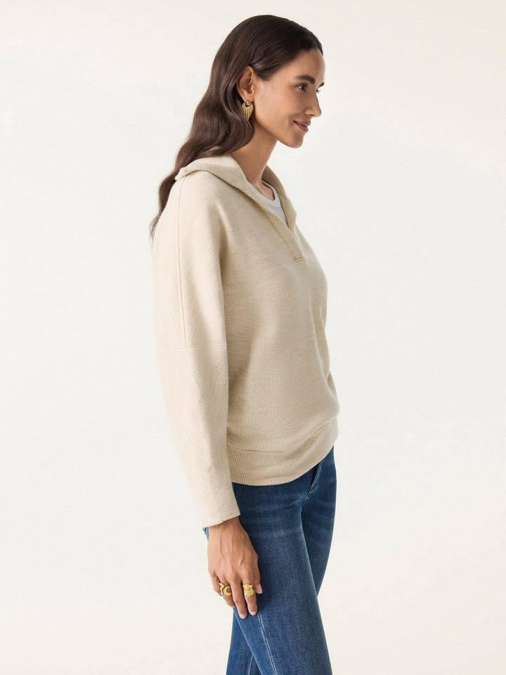 2Pcs Set Collared V-Neck Batwing Sleeve Pullover & Ribbed Midi Pull-on Skirt