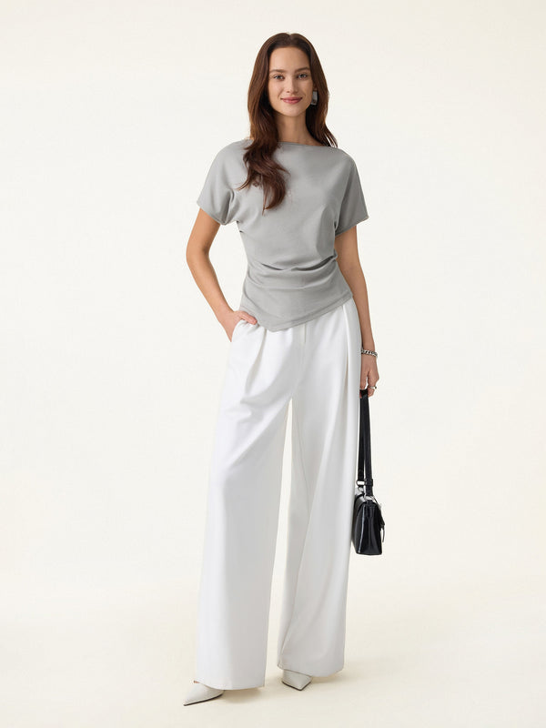 OGLmove 2Pcs Set Boatneck Angled Tee & Mid Rise Wide Leg Trousers
