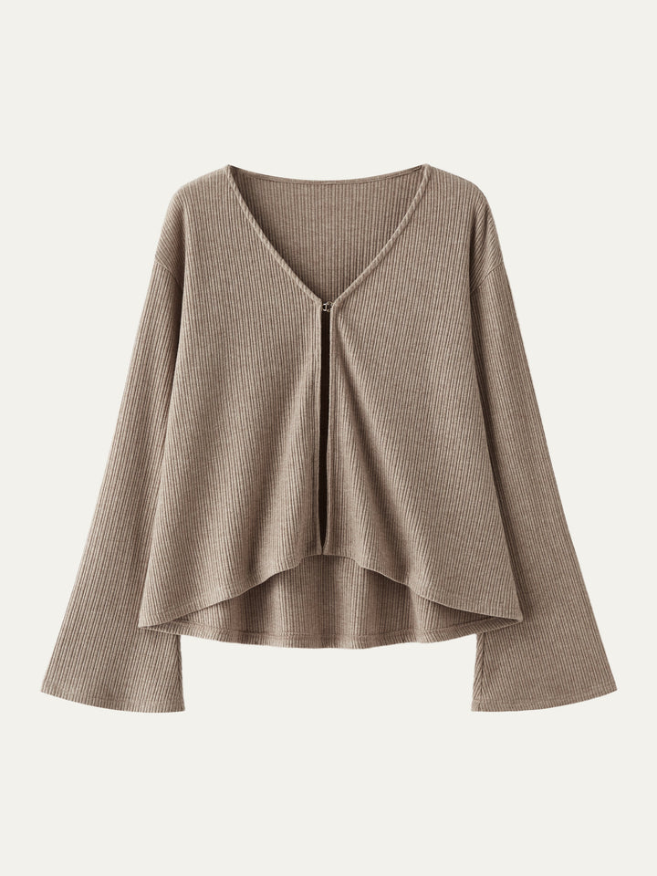 V Neck Flare Long Sleeve Cardigan Heather Taupe XS