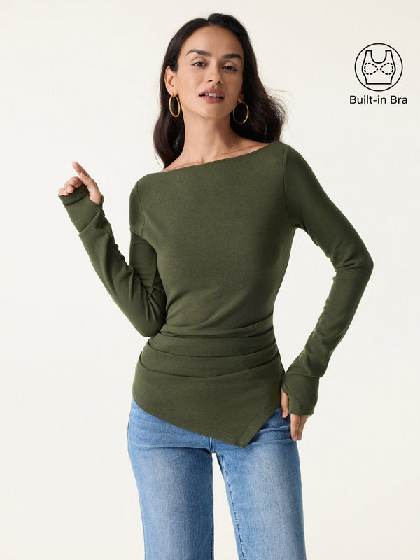 OGLmove ProWarm Boatneck Side Tucks Asymmetrical Built-In Bra Top 2.0