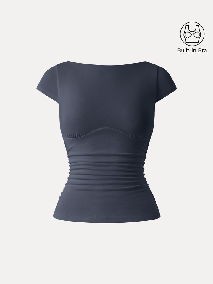 Sandwashed Boatneck Cap Sleeve Ruched Brami Deep Navy XS
