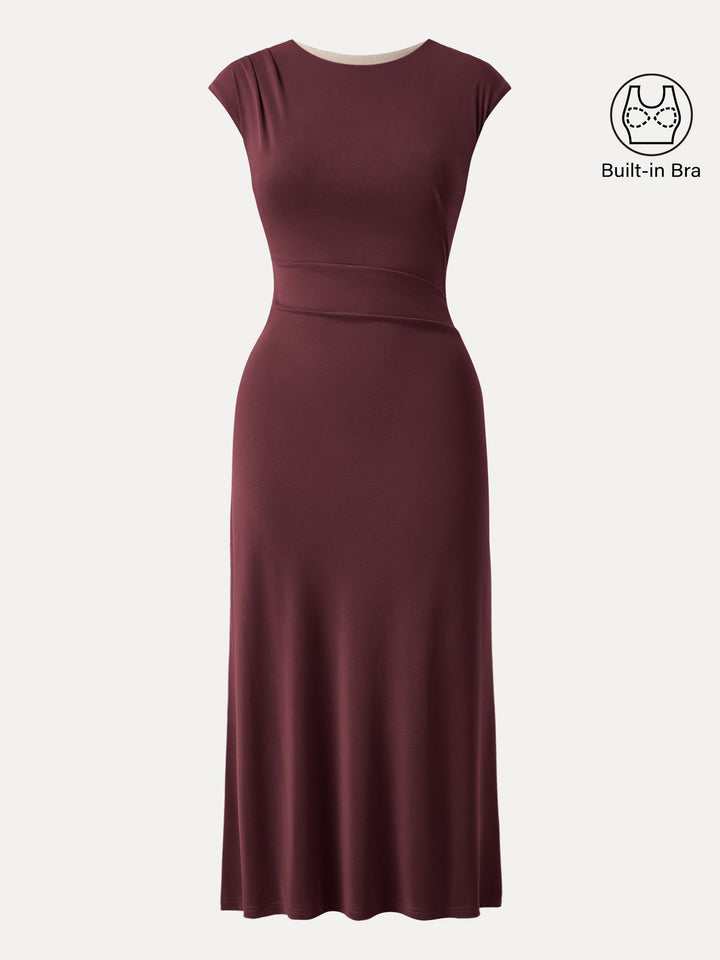 Flowy Sandwashed Crewneck Cap Sleeve Ruched Flared Maxi Brami Dress Jujube Red XS