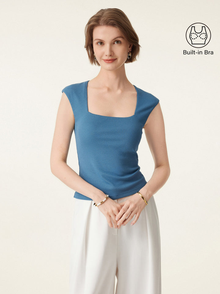 Stretch Cotton Square Neck Ribbed Brami Marine Cave XS