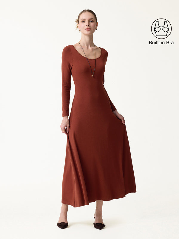 OGLmove LiteWarm Diamond Neck Long Sleeve Drapey Maxi Built-In Bra Dress
