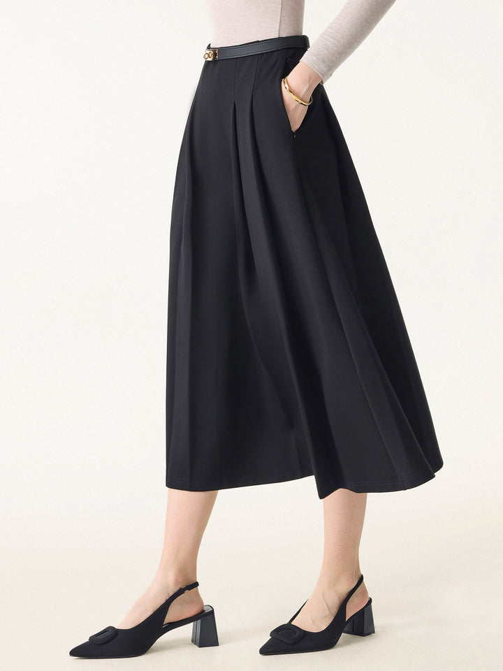 Wrinkle-Resistant A-line Tucked Pull-on Midi Skirt with Pockets