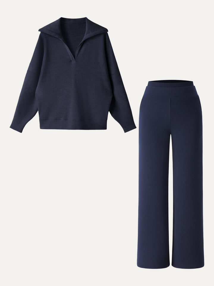 2Pcs Set Regular Double Waistband Straight Pants & V-Neck Batwing Sleeve Pullover