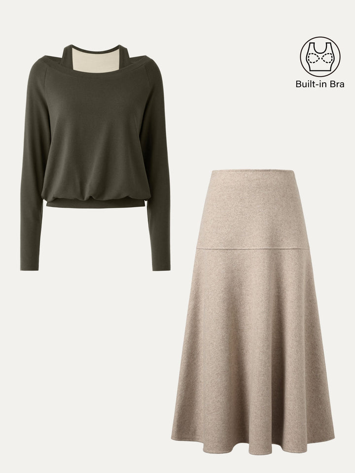 2Pcs Set Heat-Tech Multi-Wear Layering Brami Top & Wool-like Flared Maxi Skirt Forest Olive/Heather Oatmeal XS