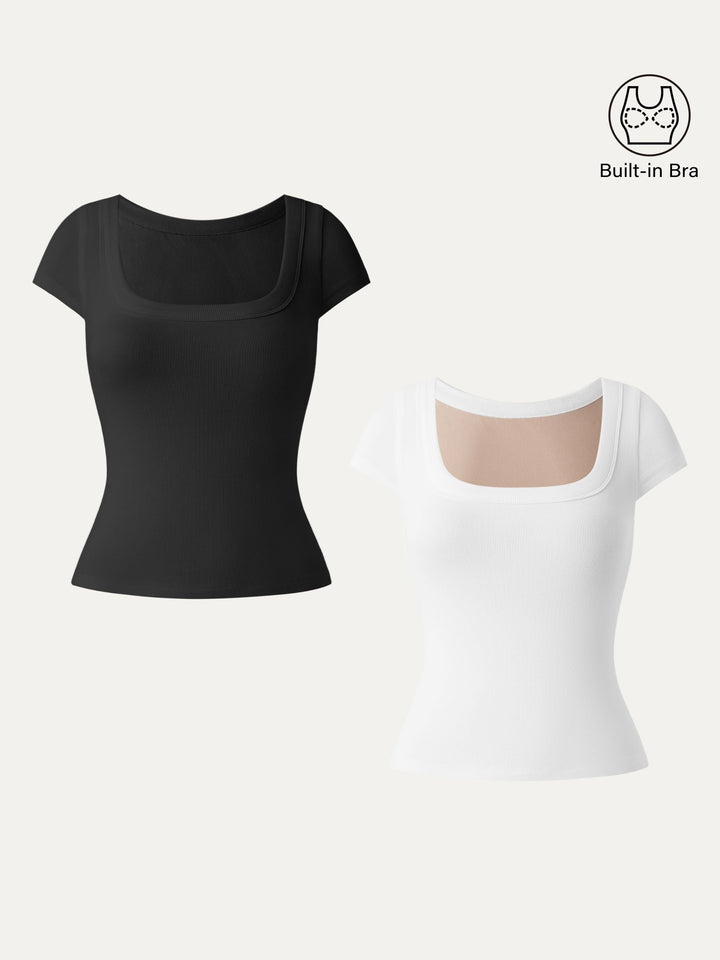 2Pcs Set Stretch Cotton Square Neck Cap Sleeve Brami Black/White XS