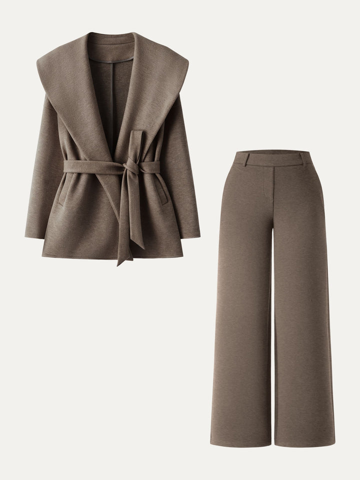 2Pcs Set Belted Shawl Collar Robe Jacket & Mid Rise Straight Pants with Pockets Heather Milk Chocolate XS