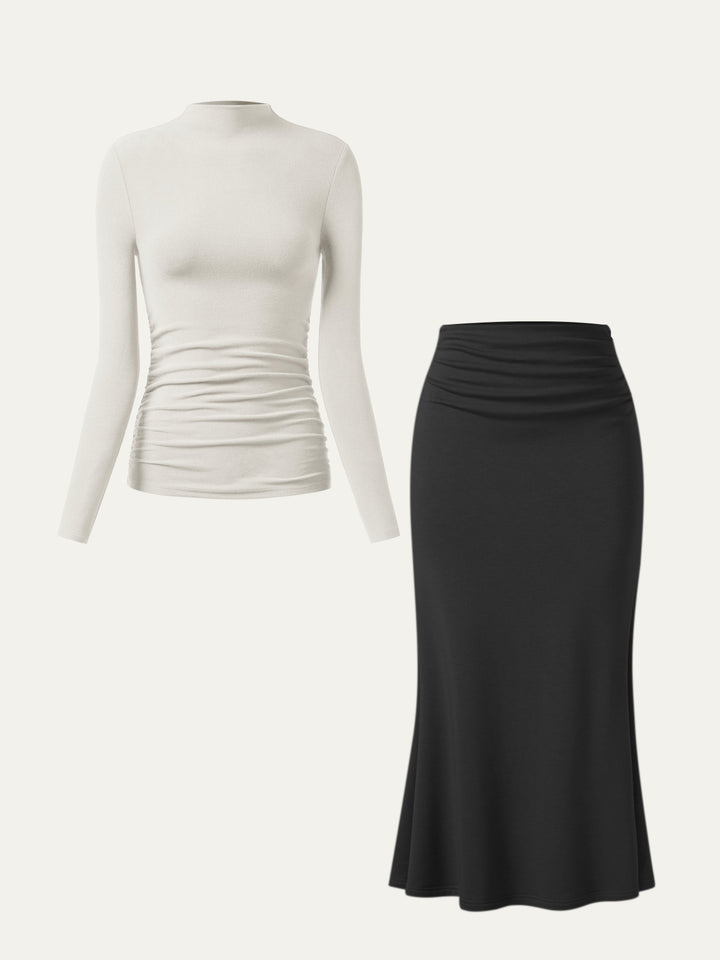 2Pcs Set Ruched Sides Mockneck Top & Mermaid Maxi Skirt Black/Off White XS
