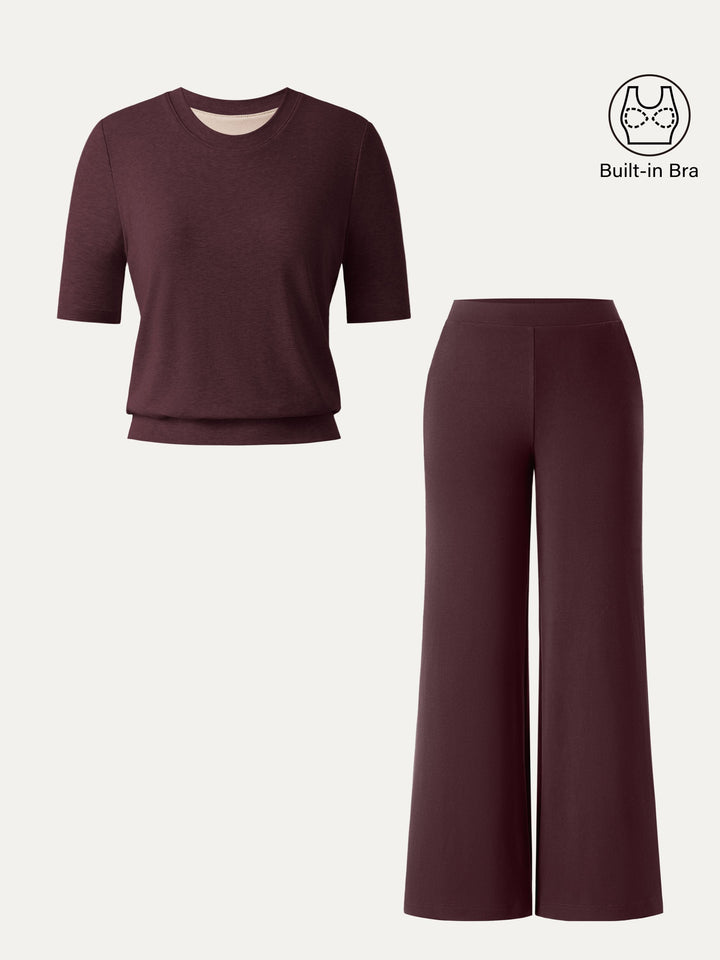 2Pcs Set Crewneck Brami with Banded Hem & Mid Rise Wide Leg Petite Pants with Pockets