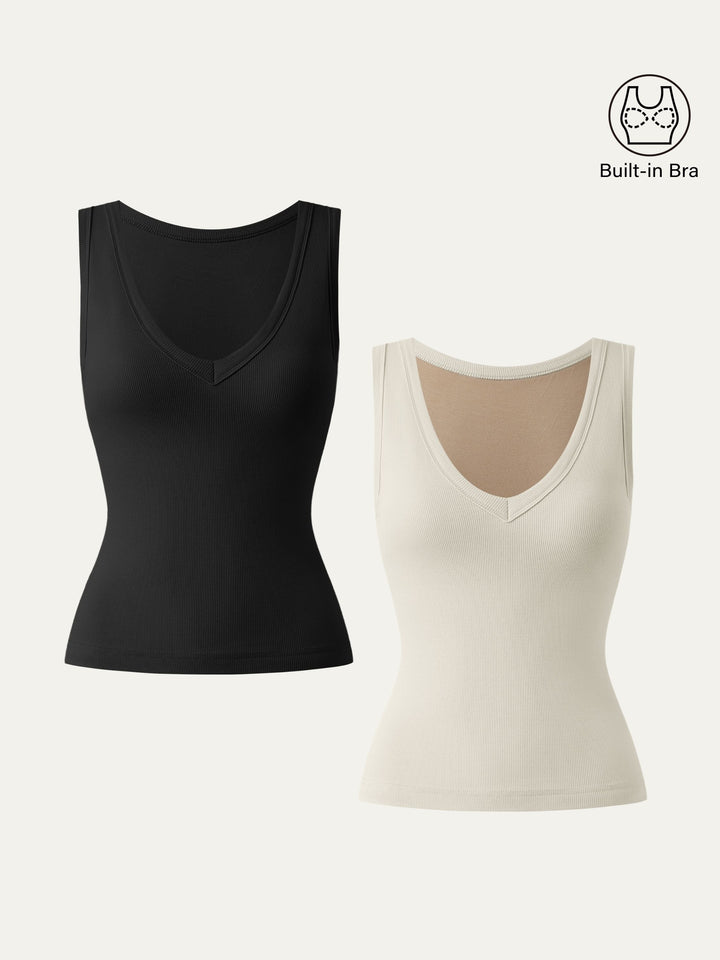 2Pcs Set Stretchy V-neck Cotton New Airy Brami Tank Black/Lime Ivory XS
