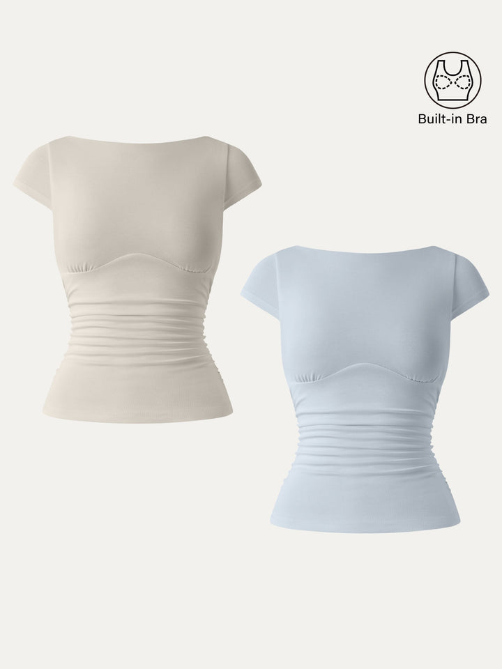 2Pcs Set Sandwashed Boatneck Cap Sleeve Ruched Brami