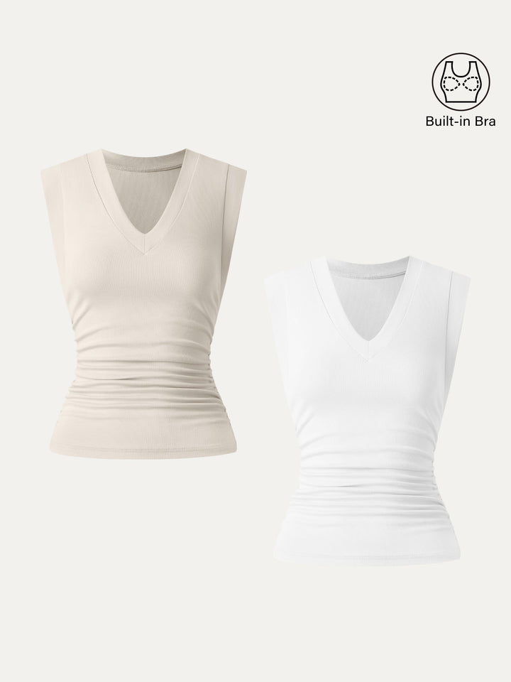 2Pcs Set Brami Stretch Cotton V-neck Side Ruched Muscle Top