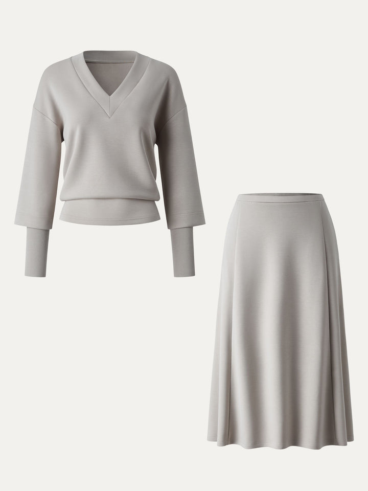 2Pcs Set V-neck Top with Sleeve Warmers & Mid Rise Flared Midi Skirt with Pockets
