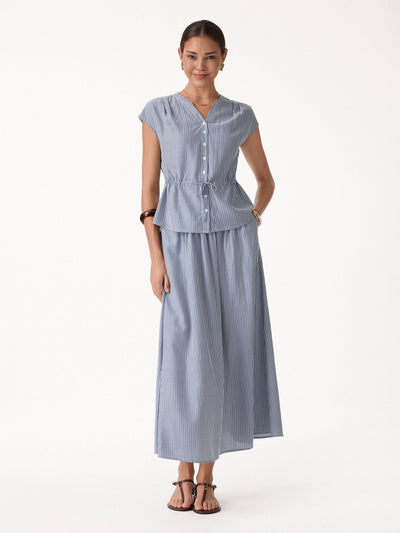 OGLmove 2Pcs Set Drawstring Waist Poplin Shirt & High Rise Midi Skirt with Pockets Navy/White Stripe XS