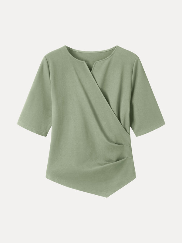 OGLmove Ponte Surplice Elbow Sleeve Asymmetrical Hem Top Laurel Green XXS
