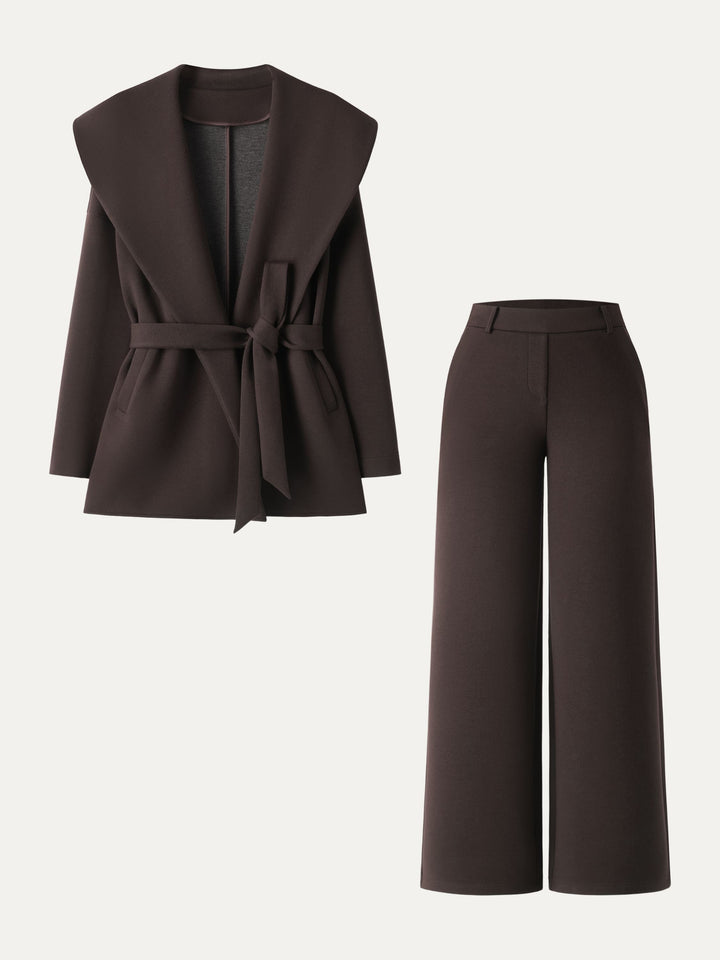 2Pcs Set Belted Shawl Collar Robe Jacket & Mid Rise Straight Pants with Pockets Espresso Shut XS