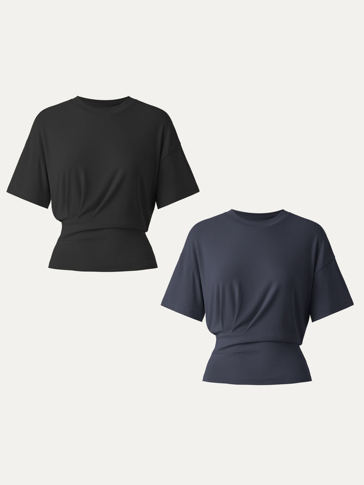 2Pcs Set Sandwashed Crewneck Short Sleeve Tucked Tee Black/Deep Navy XS