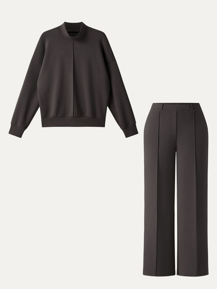 2Pcs Set Petite Mid Rise Straight Leg Pants with Pockets & Mockneck Pullover Shirt Black Chocolate XS