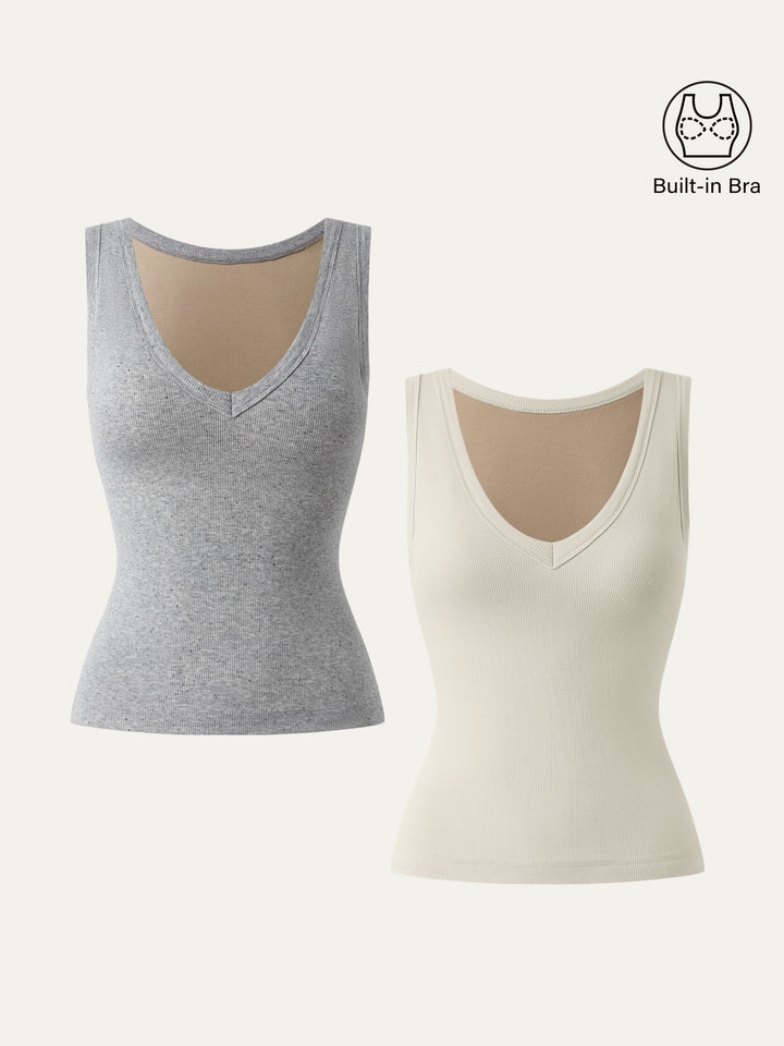 2Pcs Set Stretchy V-neck Cotton New Airy Brami Tank Lime Ivory/Heather Grey XS