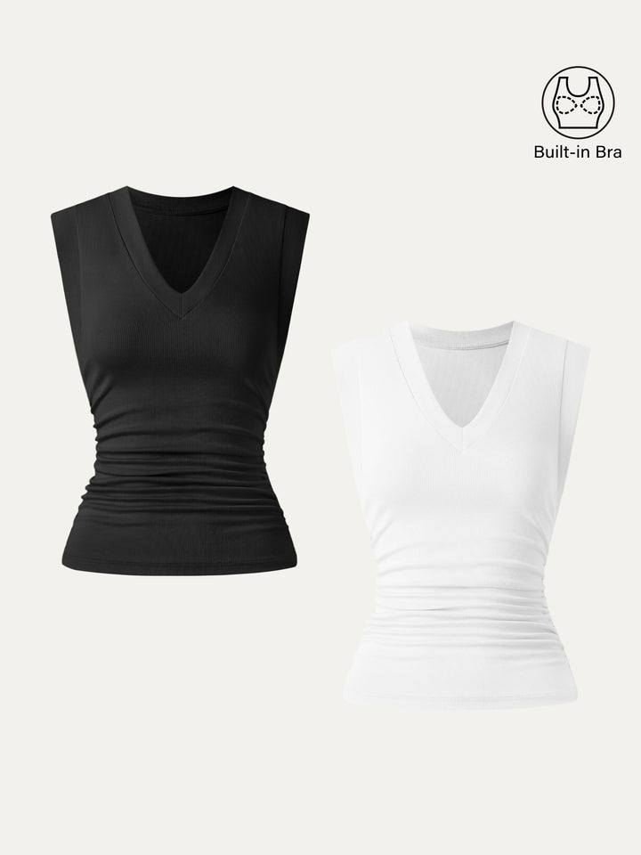 2Pcs Set Brami Stretch Cotton V-neck Side Ruched Muscle Top