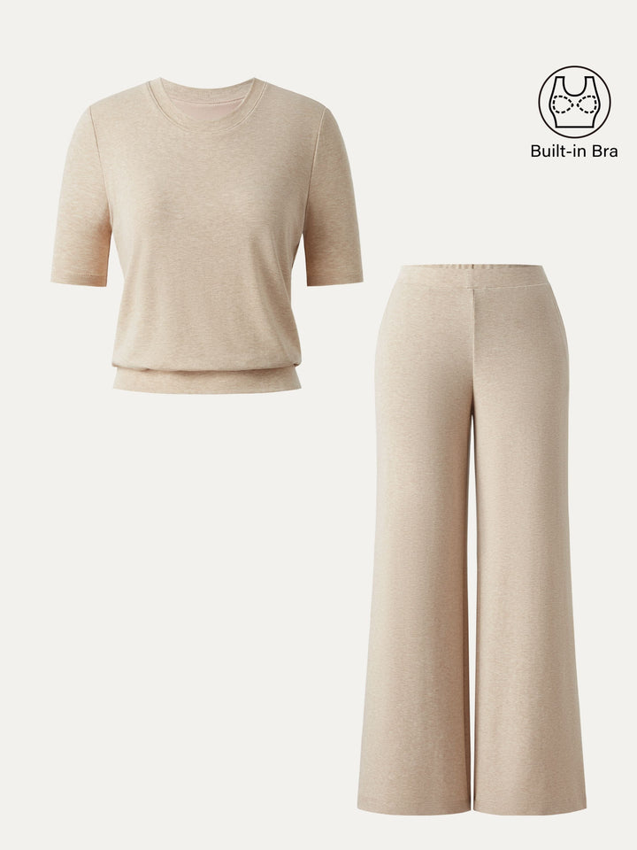 2Pcs Set Crewneck Brami with Banded Hem & Mid Rise Wide Leg Petite Pants with Pockets Heather Tan XS
