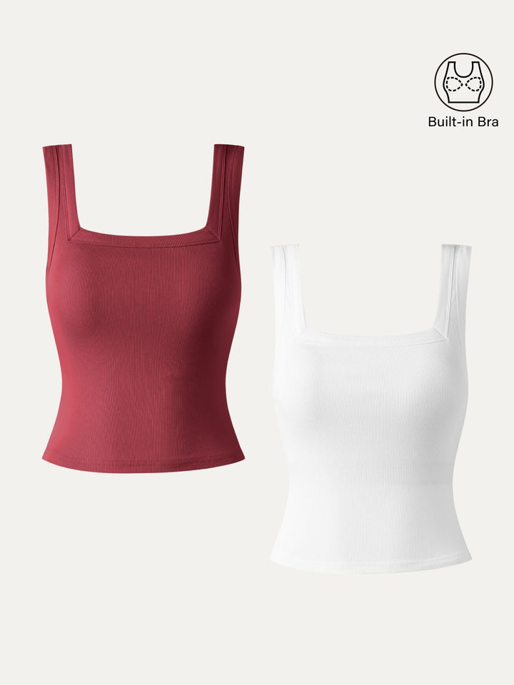 2Pcs Set Slinky Square Open-Back Brami Tank Top-Cropped White/Carmine Red XS