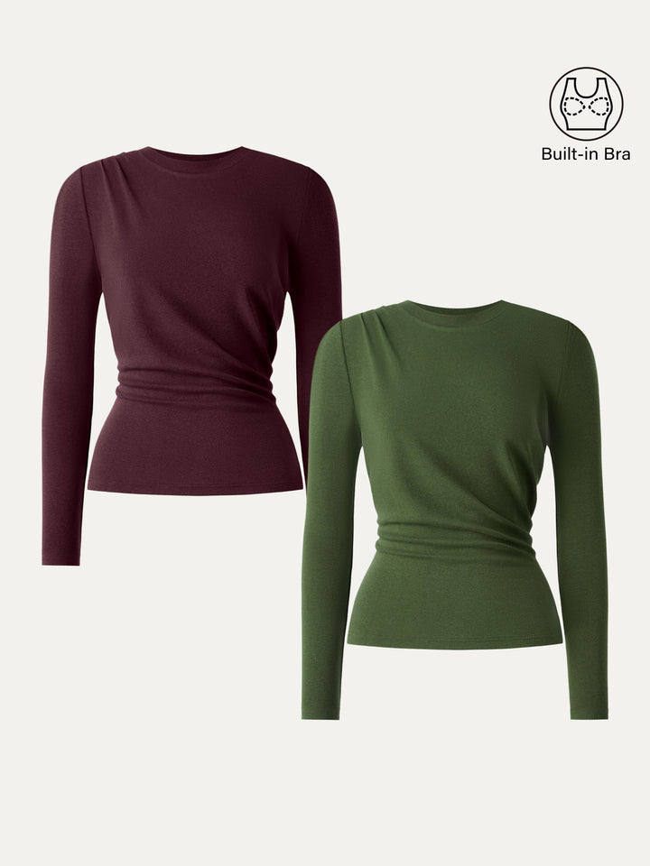 Light Warm Crewneck Tucked Top Moss Olive/Ruby Berry XS