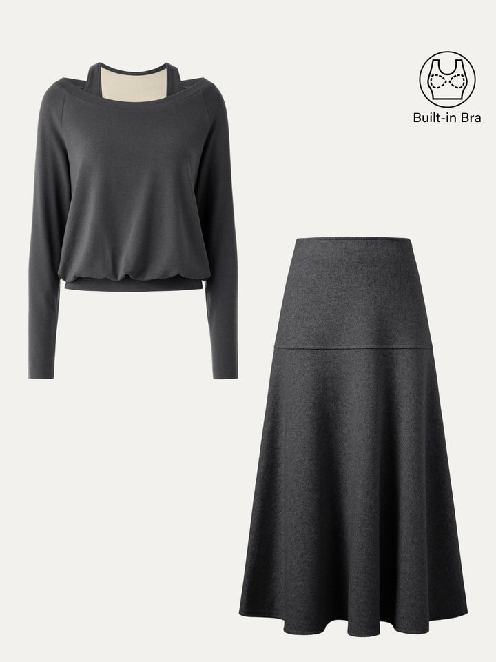 2Pcs Set Heat-Tech Multi-Wear Layering Brami Top & Wool-like Flared Maxi Skirt Blue Charcoal/Heather Black XS