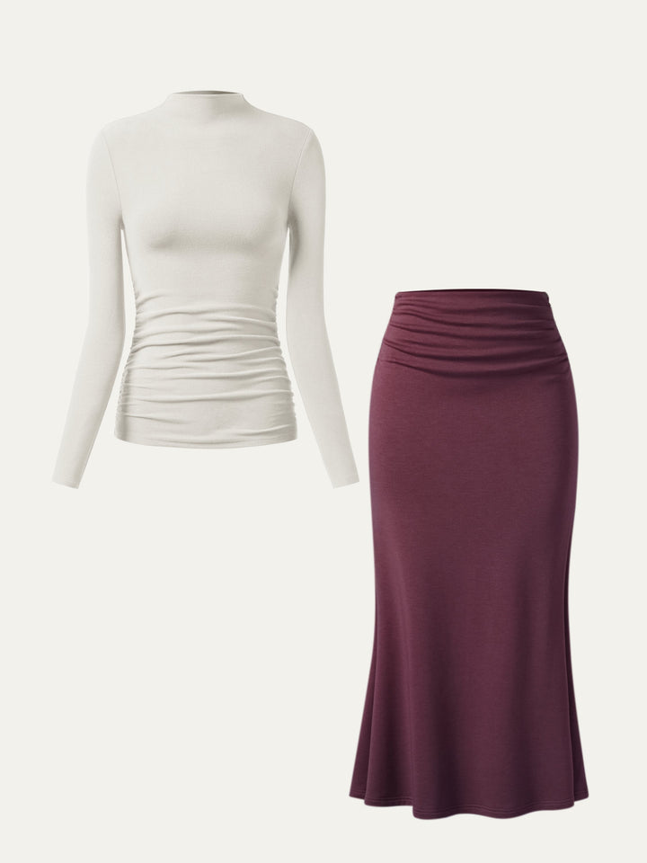 2Pcs Set Ruched Sides Mockneck Top & Mermaid Maxi Skirt Off White/Plum XS