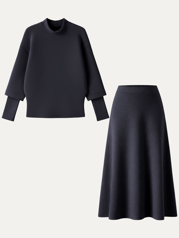 2Pcs Set FuzzLuxe Mockneck Sleeve-Warmer Top & Midi A-line Circle Skirt Black Navy XS