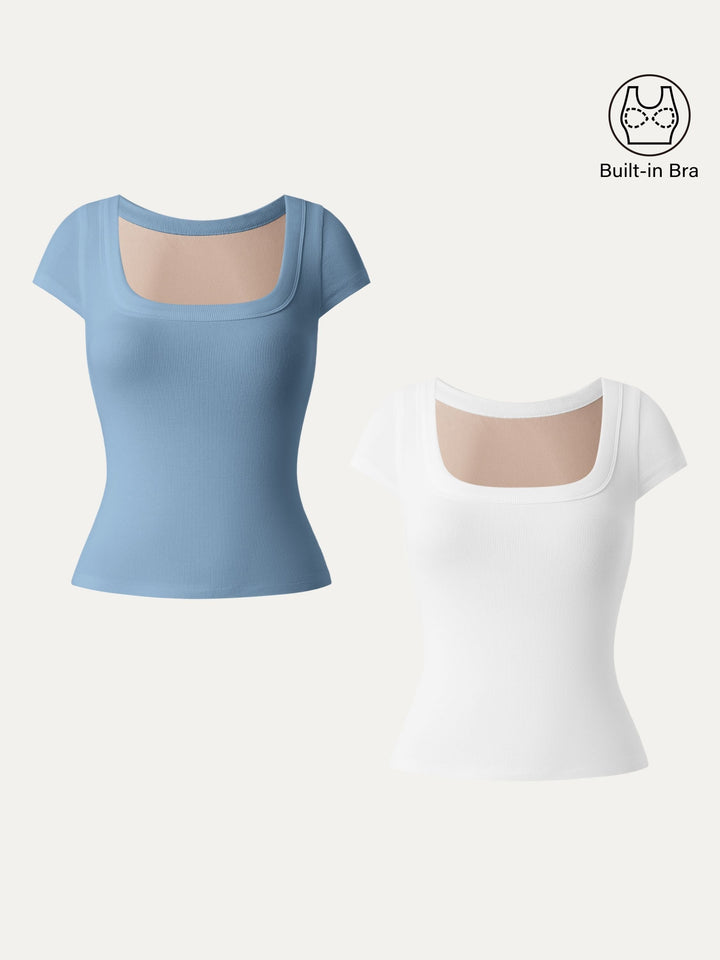 2Pcs Set Stretch Cotton Square Neck Cap Sleeve Brami White/Dusk Blue XS
