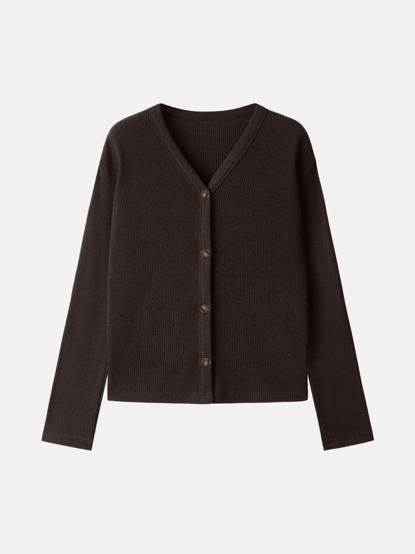 Cozy Rib V-Neck Button-Fronted Cardigan Acajou XS