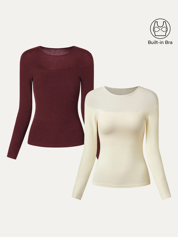2Pcs Set Wool Sheer Shoulder Brami Top Off White/Ruby XS