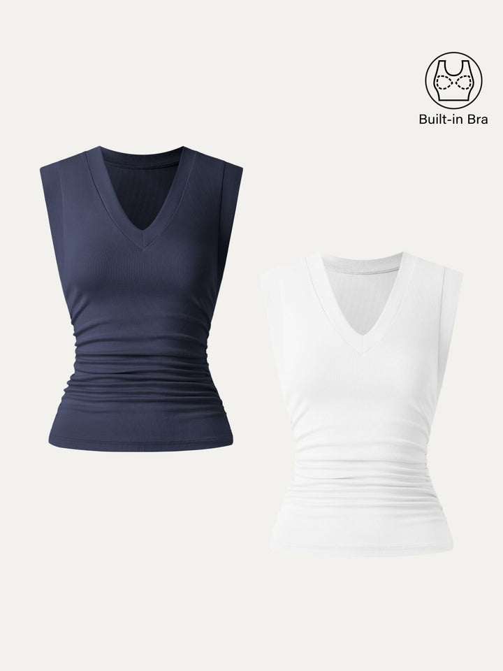 2Pcs Set Brami Stretch Cotton V-neck Side Ruched Muscle Top