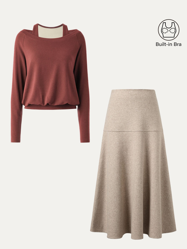 2Pcs Set Heat-Tech Multi-Wear Layering Brami Top & Wool-like Flared Maxi Skirt