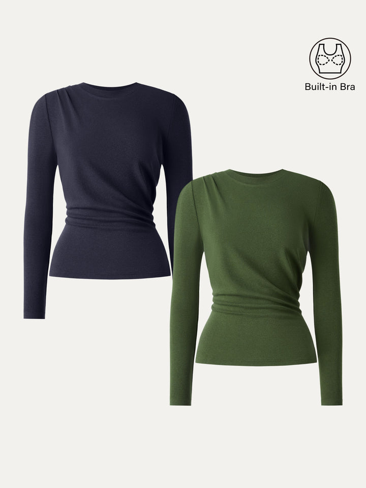 Light Warm Crewneck Tucked Top Moss Olive/Midnight Navy XS