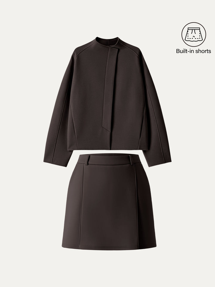 2Pcs Set Stand Collar Cropped Jacket & A-Line Pull on Skorts with Pockets Espresso XS