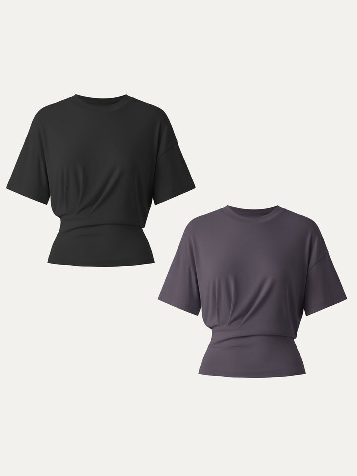 2Pcs Set Sandwashed Crewneck Short Sleeve Tucked Tee Black/Purple Gloam XS