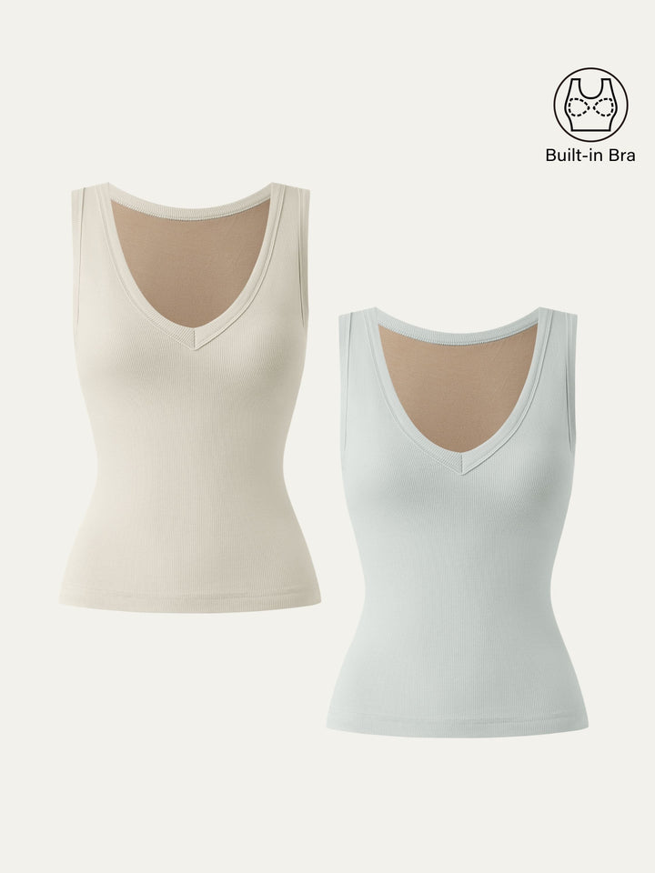 2Pcs Set Stretchy V-neck Cotton New Airy Brami Tank Lime Ivory/Pale Azure XS