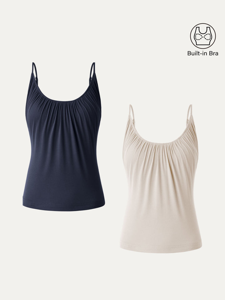 2Pcs Set Hip Length Scoop Neck Gathered Spaghetti Brami Top