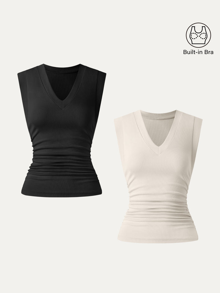 2Pcs Set Brami Stretch Cotton V-neck Side Ruched Muscle Top