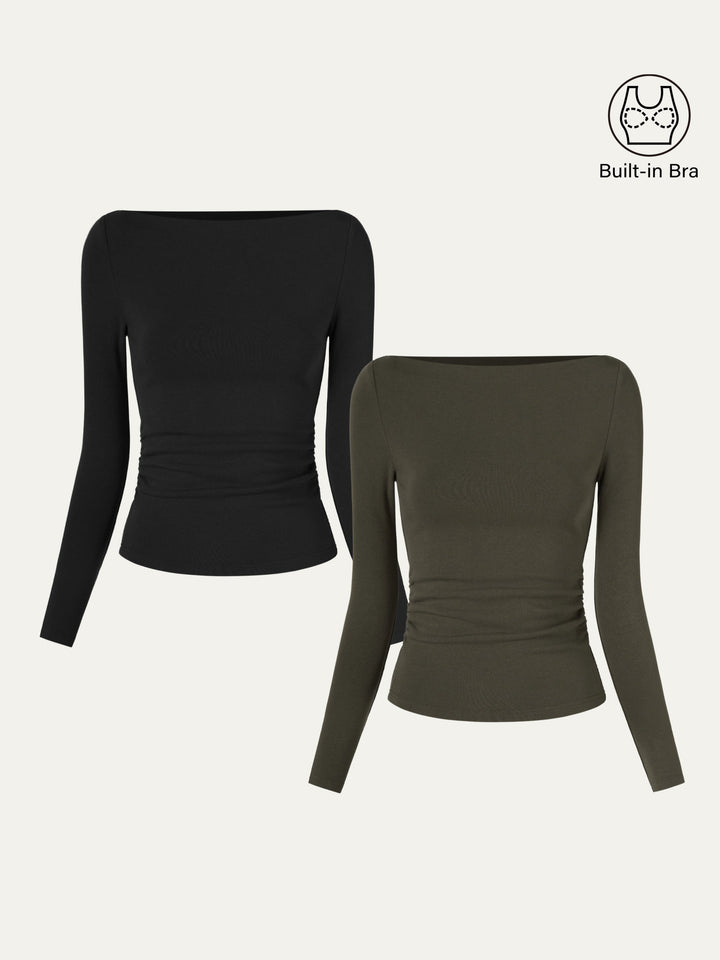 2Pcs Set Modern Side Ruched Boatneck Brami Top Black/Forest Olive XS