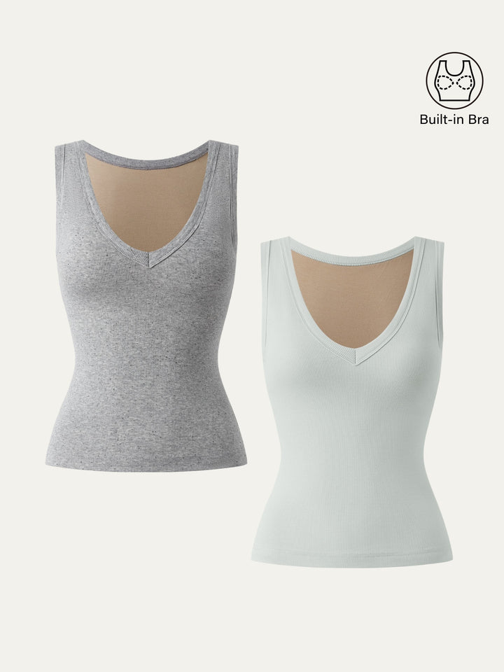 2Pcs Set Stretchy V-neck Cotton New Airy Brami Tank Heather Grey/Pale Azure XS