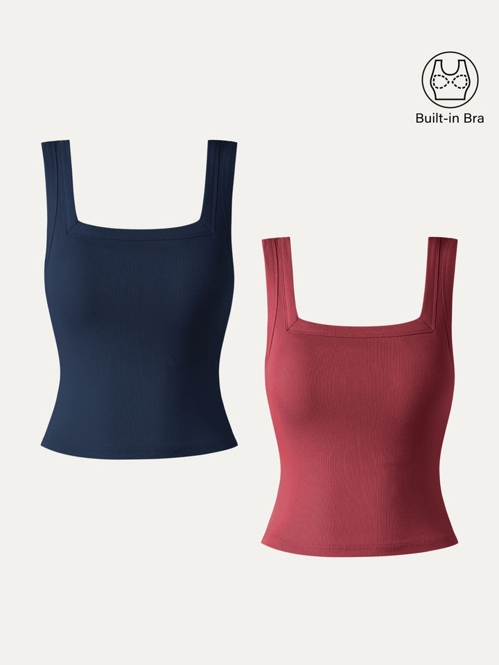 2Pcs Set Slinky Square Open-Back Brami Tank Top-Cropped Navy/Carmine Red XS