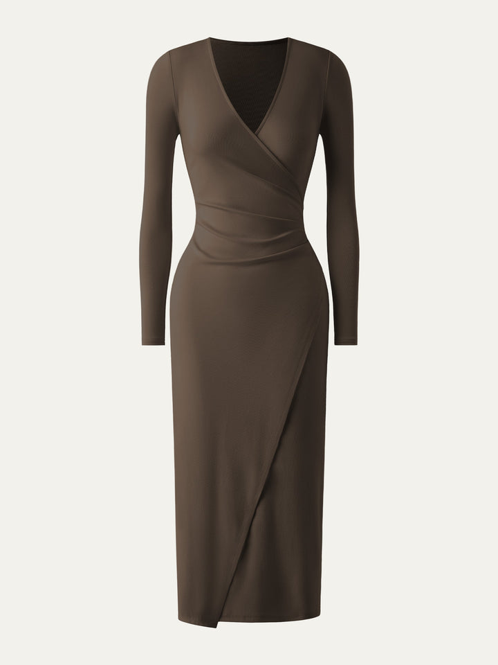 Faux Wrap Light Cotton Midi Dress Hazelnut Coco XS